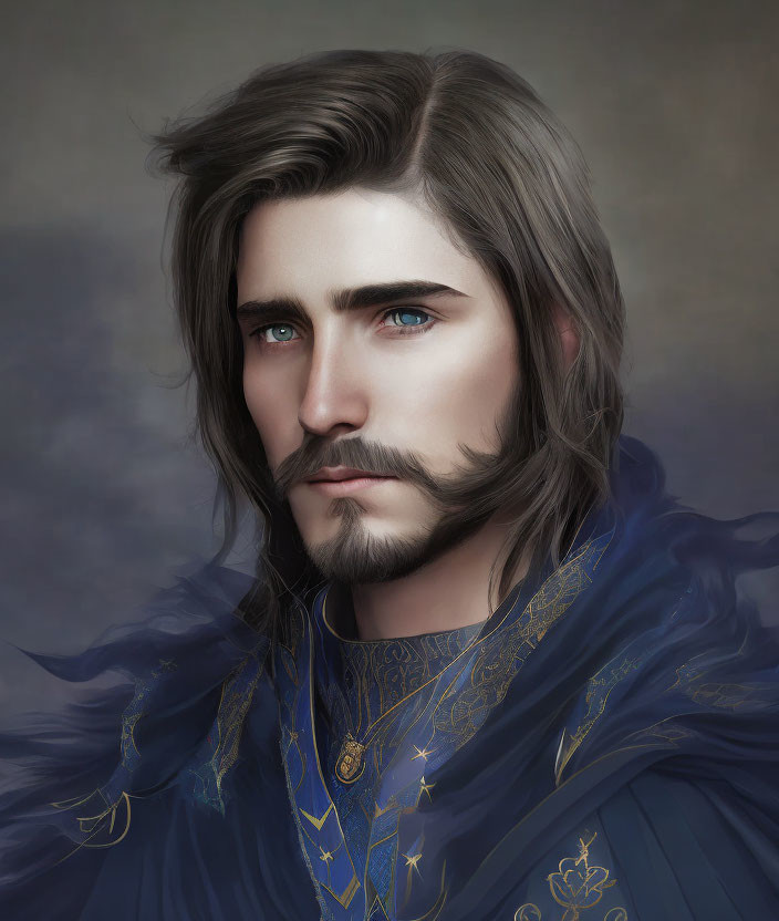 Digital portrait of man with long wavy hair, neat beard, blue eyes, and blue cloak with