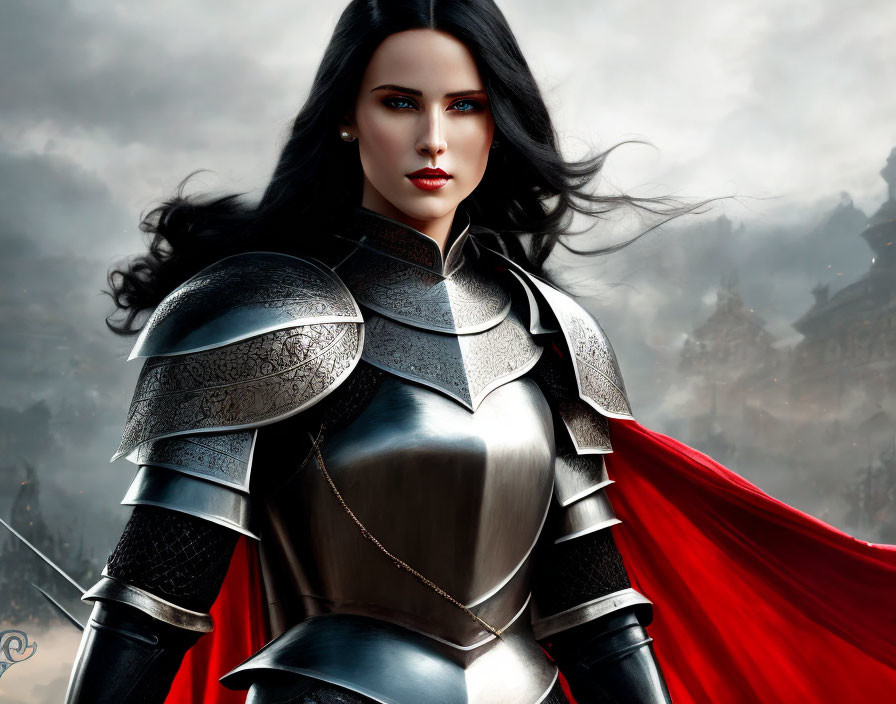 Digital Artwork: Woman in Silver Armor with Red Cape in Castle Setting