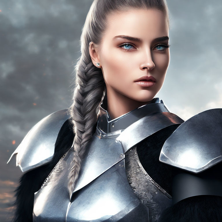 Digital artwork: Woman with blue eyes, braided hair, silver armor, stormy sky.