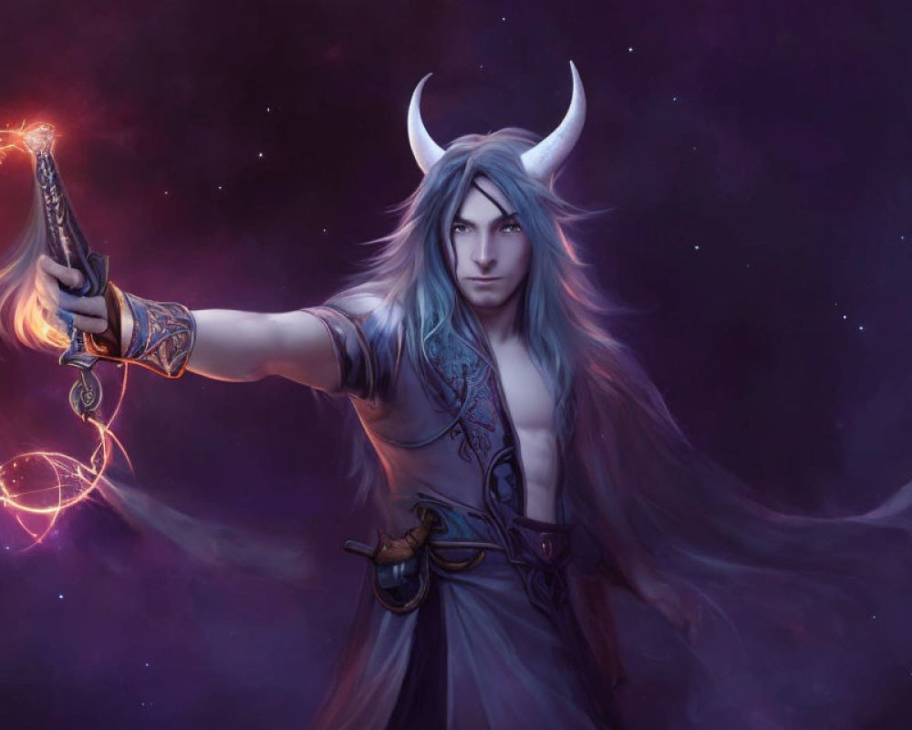 Fantasy character with silver hair, horns, robe, and magical firearm on purple cosmic backdrop