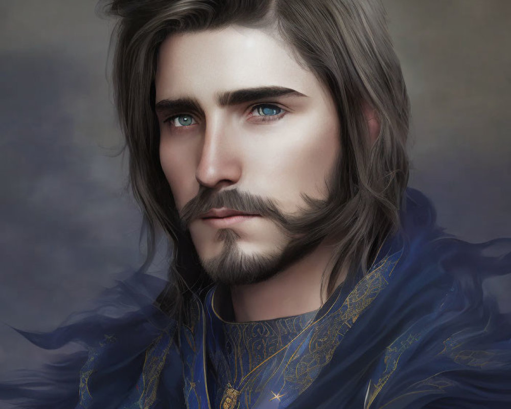 Digital portrait of man with long wavy hair, neat beard, blue eyes, and blue cloak with