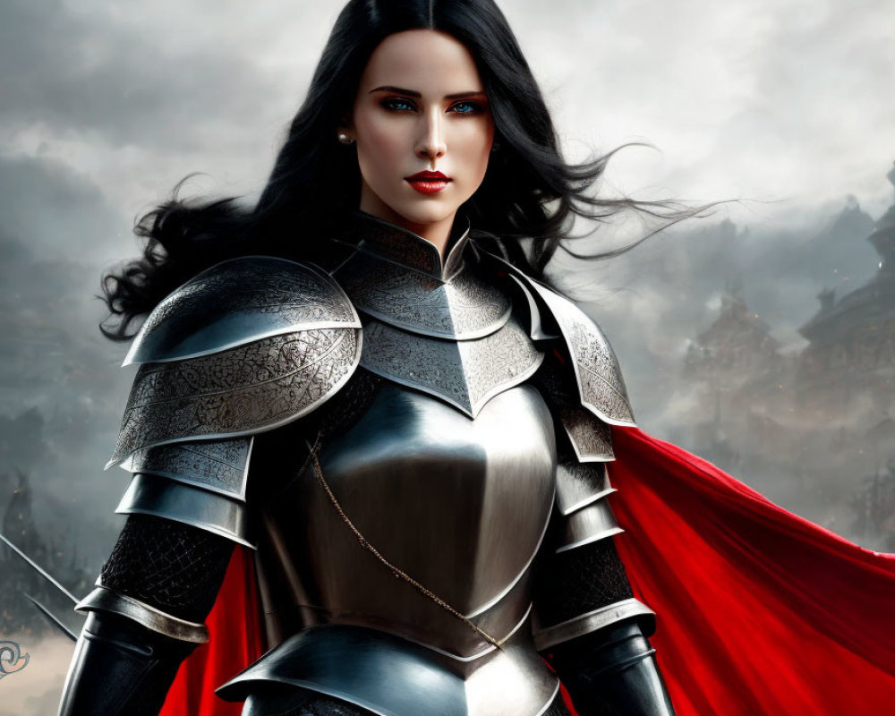 Digital Artwork: Woman in Silver Armor with Red Cape in Castle Setting