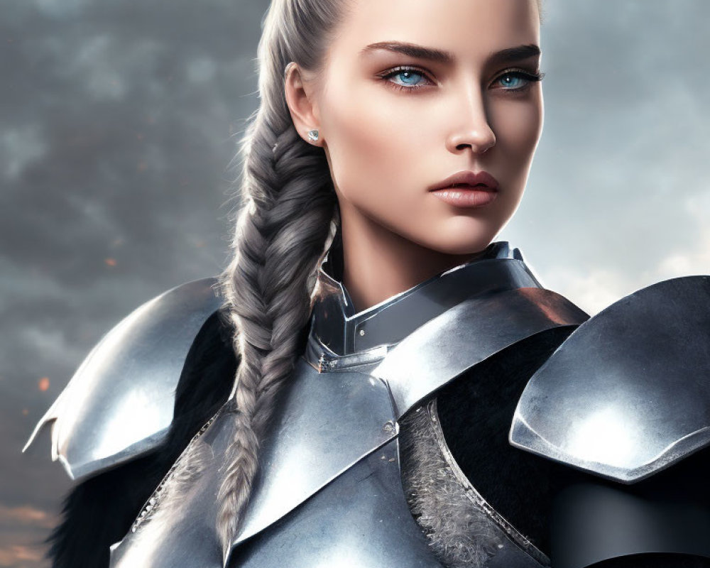 Digital artwork: Woman with blue eyes, braided hair, silver armor, stormy sky.
