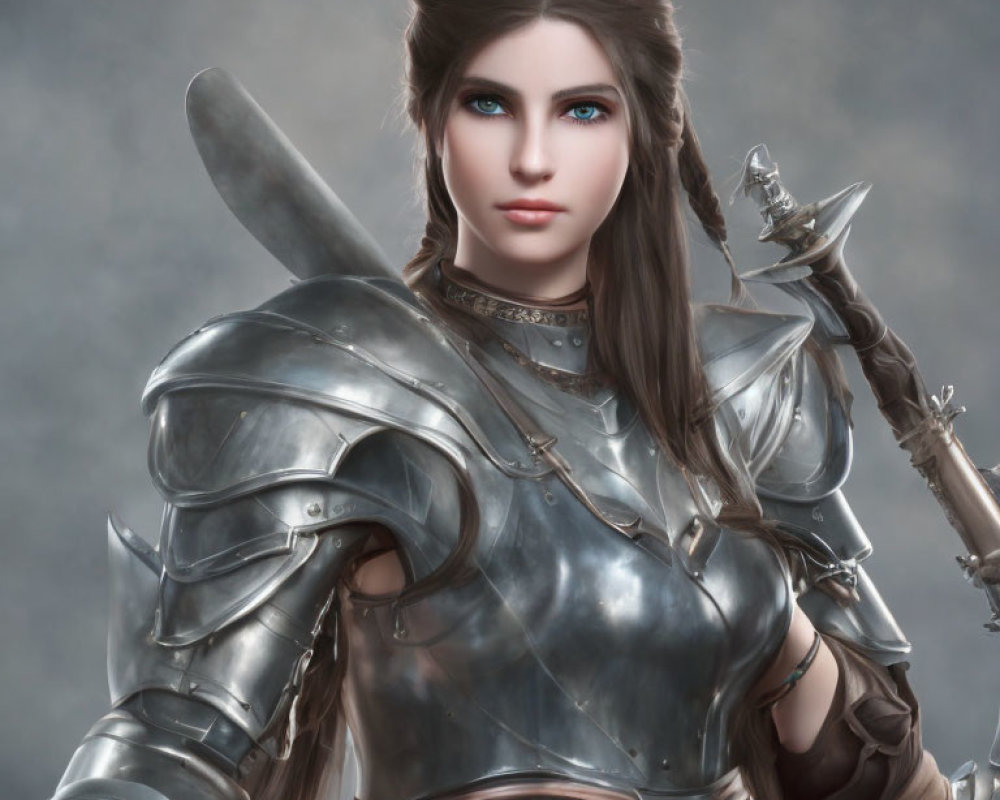 Female warrior digital artwork: long brown hair, blue eyes, plate armor, sword.