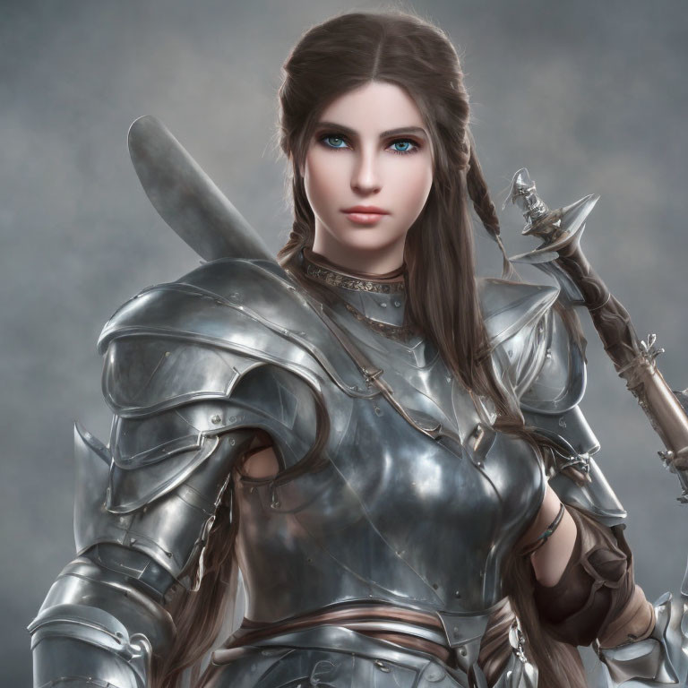 Female warrior digital artwork: long brown hair, blue eyes, plate armor, sword.
