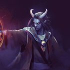 Fantasy character with silver hair, horns, robe, and magical firearm on purple cosmic backdrop