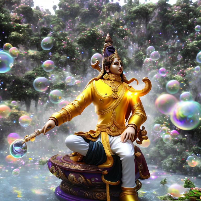 Golden deity on lotus with bow in mystical forest and bubbles