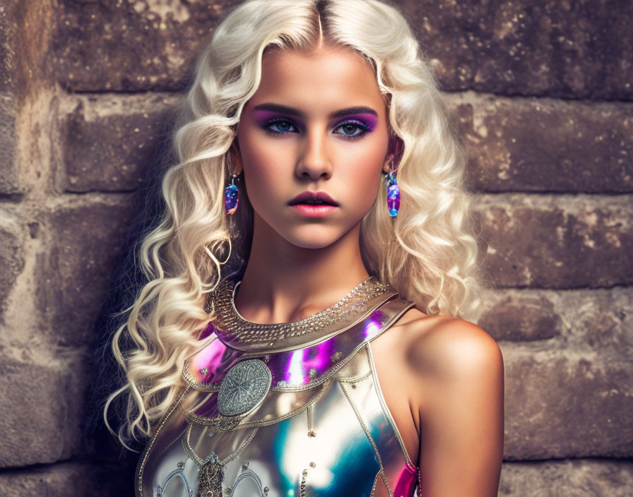 Platinum blonde woman with blue eyes and purple eyeshadow in metallic outfit