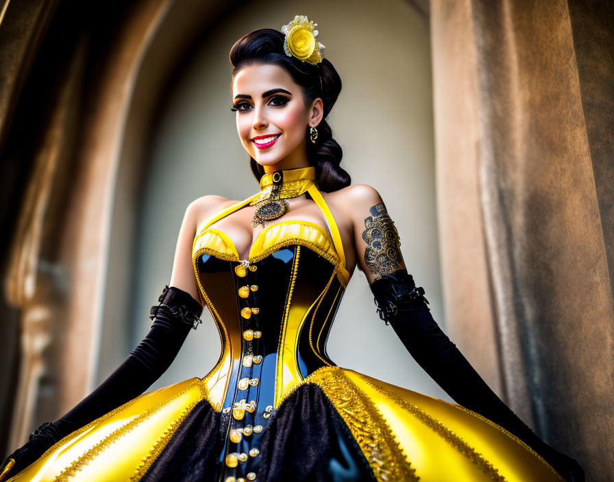 Vibrant Yellow and Black Corset Dress with Gothic Influences