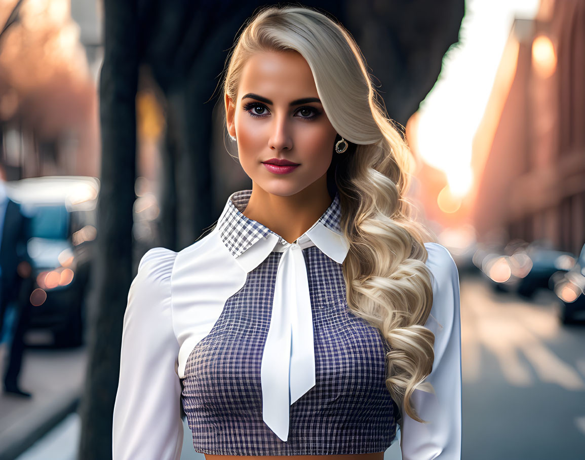 Blonde woman in white blouse and checkered vest on city street with soft glowing light