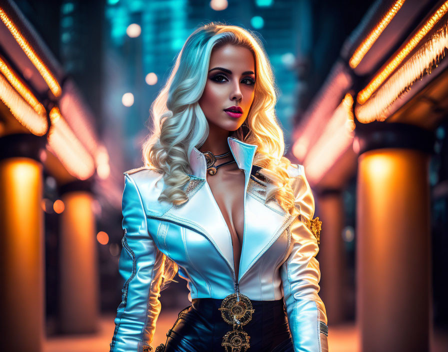 Blonde woman in futuristic white jacket in neon urban setting