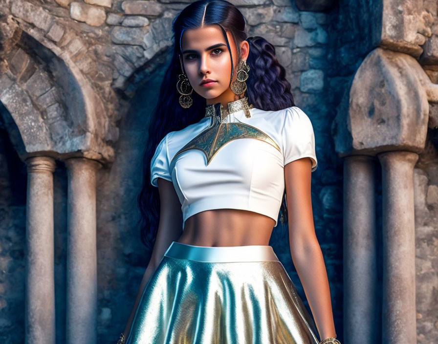 Braided hair woman in white top and metallic skirt against stone arch