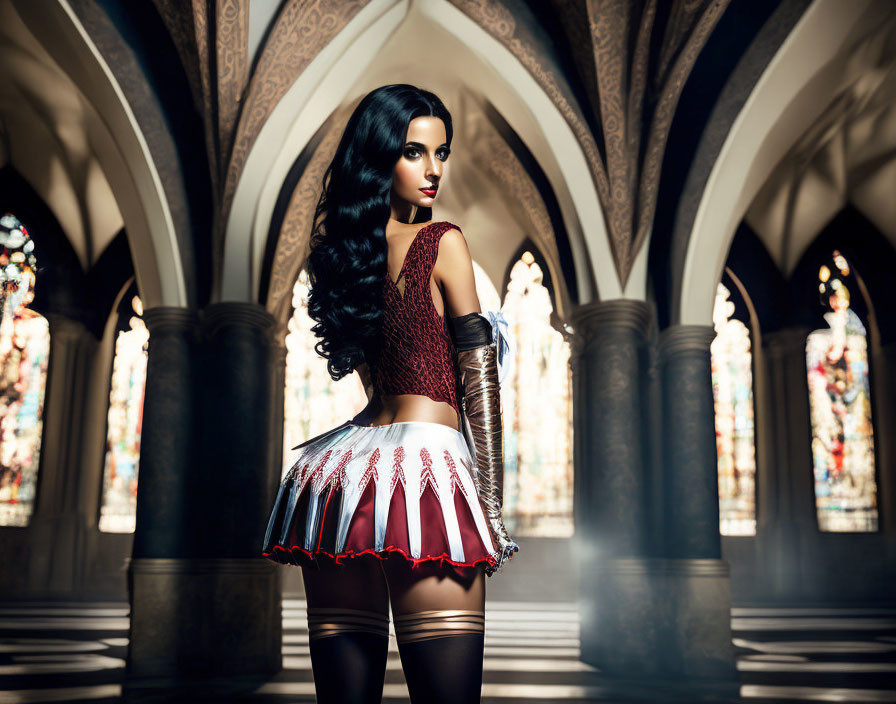 Stylish woman in Gothic cathedral with stained glass windows