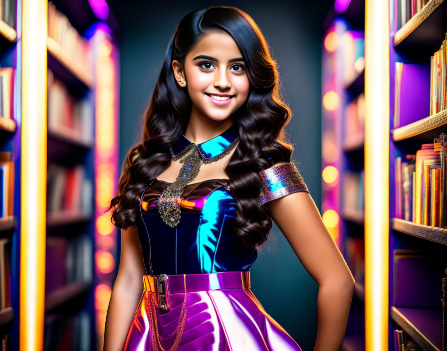 Smiling young woman in futuristic outfit among bookshelves