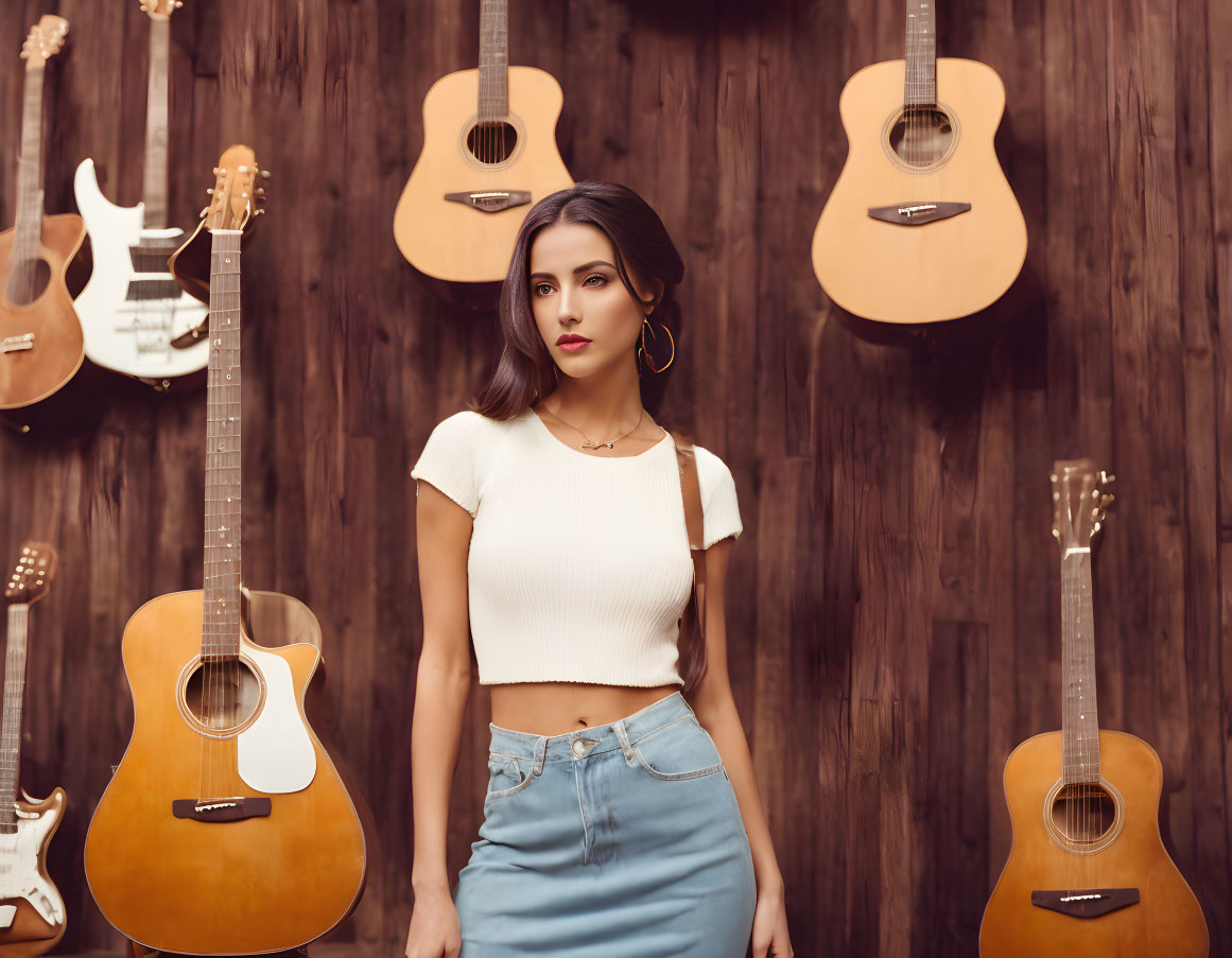 Woman in Crop Top and Skirt Surrounded by Guitars