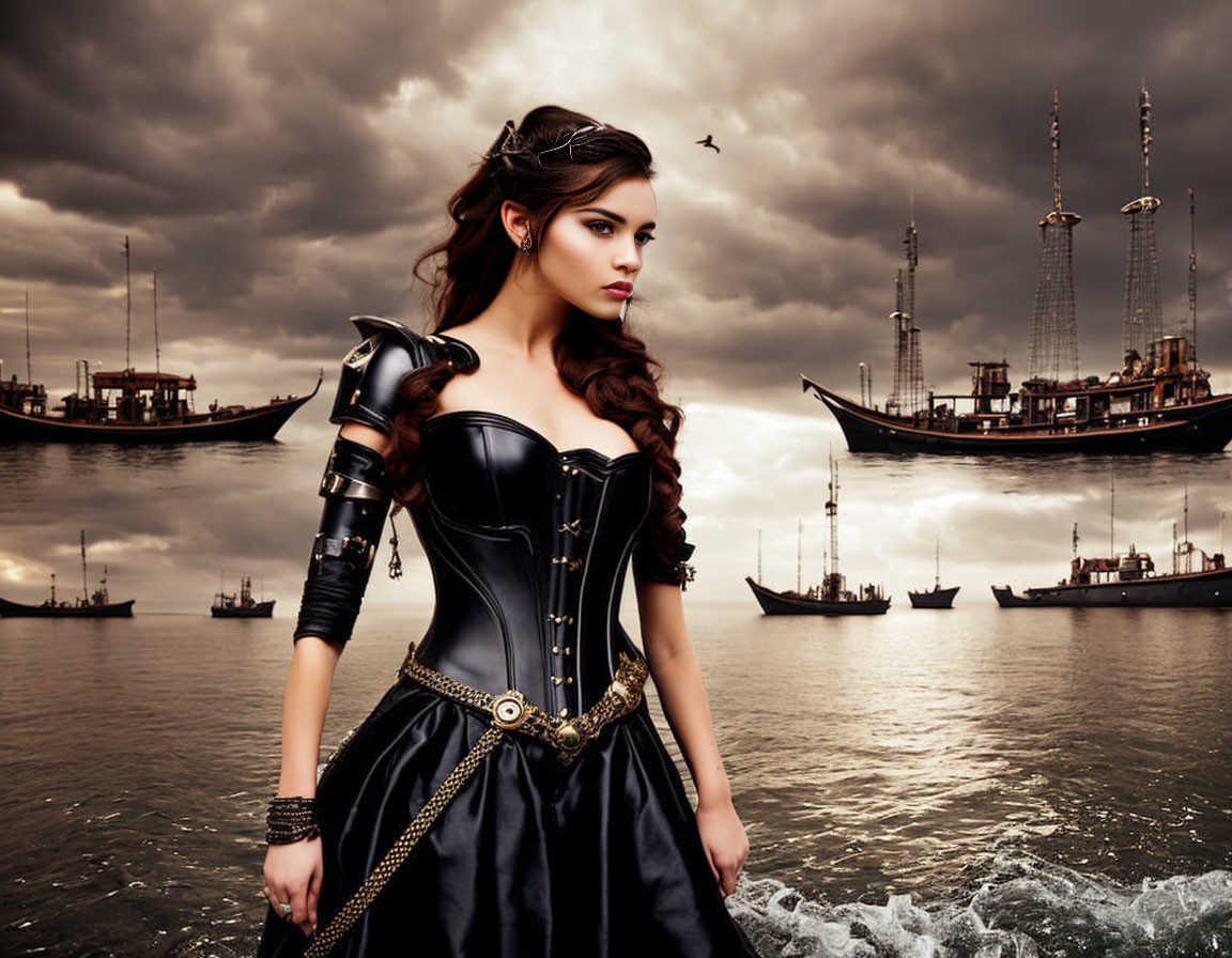 Woman in Black Corset Dress with Leather Shoulder Armor by the Sea