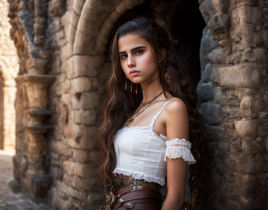 Medieval-inspired young woman in white blouse and corset by stone archway