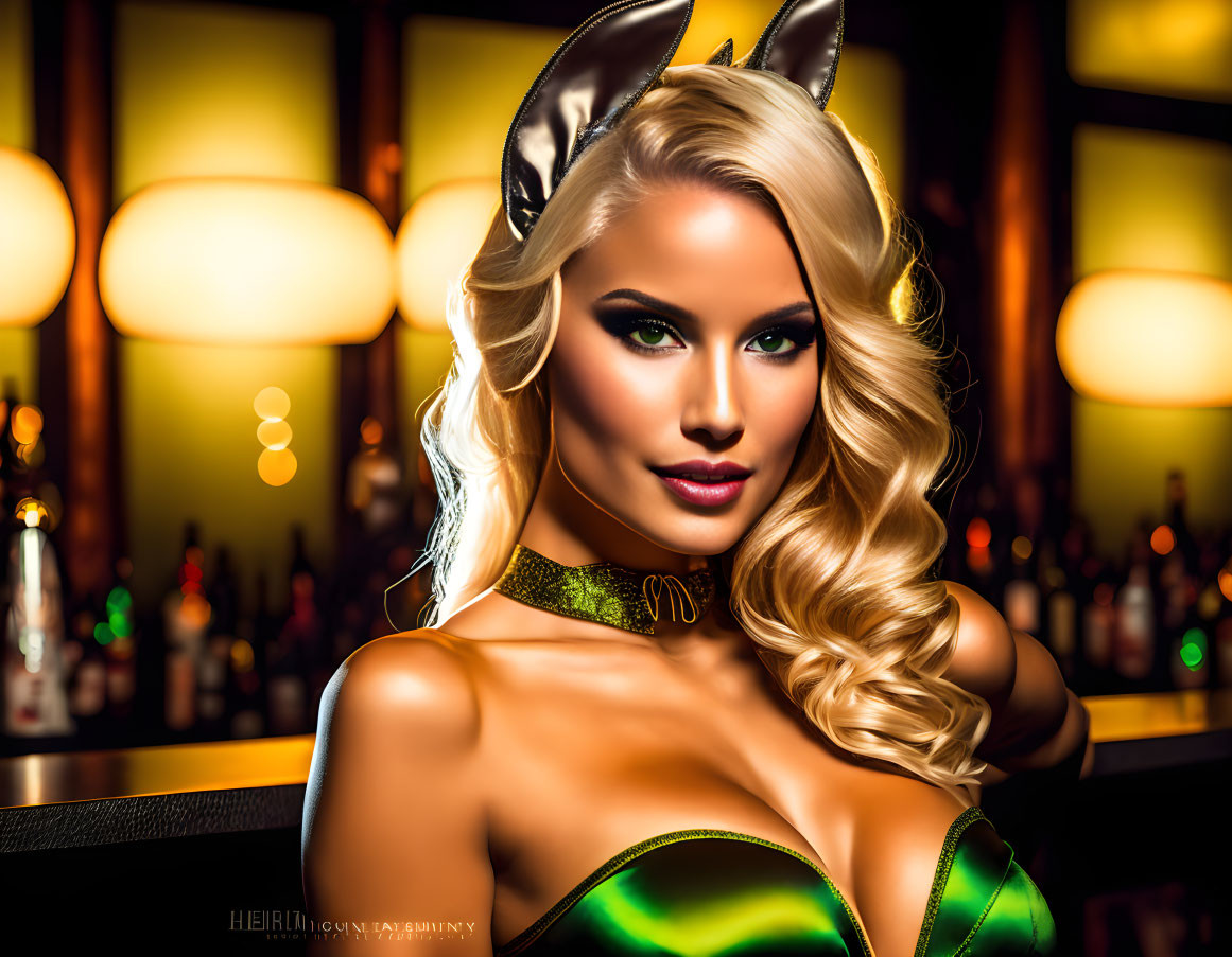 Blonde Woman in Cat Ears and Green Dress Poses in Warmly Lit Bar