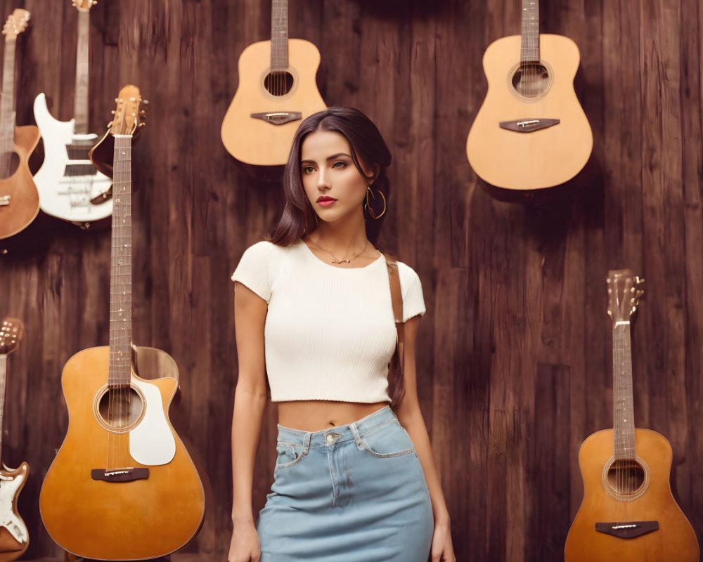 Woman in Crop Top and Skirt Surrounded by Guitars