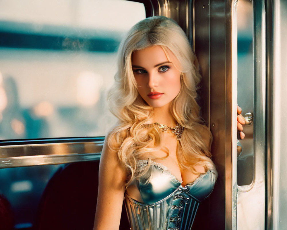 Blonde woman in corset gazes out train window in golden light