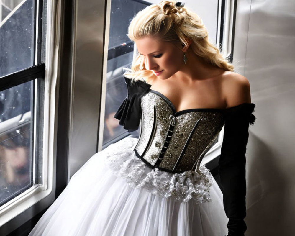 Elegant woman in black and white corset dress with off-shoulder design poses by window