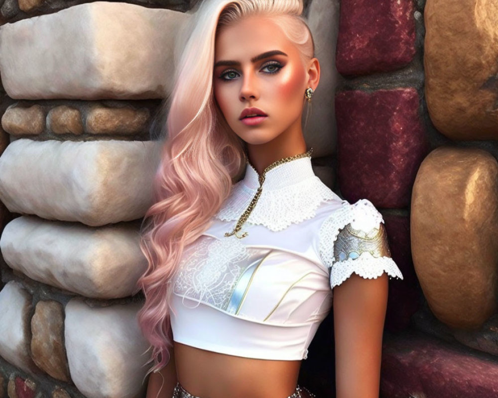 Portrait of Woman with Pink Hair and Bold Makeup in White Lace Top