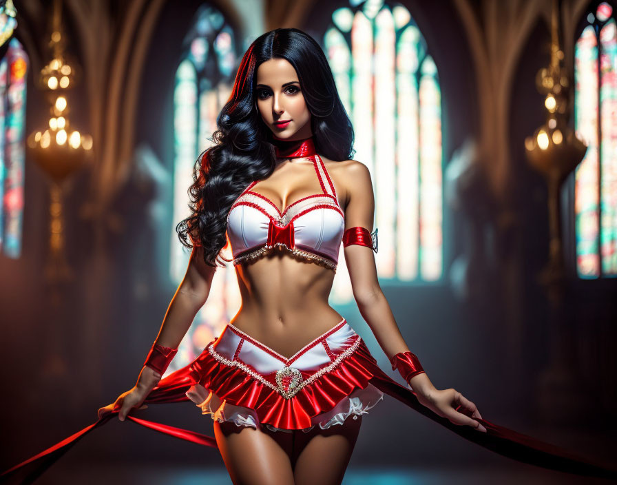 Stylized portrait of woman in red and white burlesque costume in gothic church