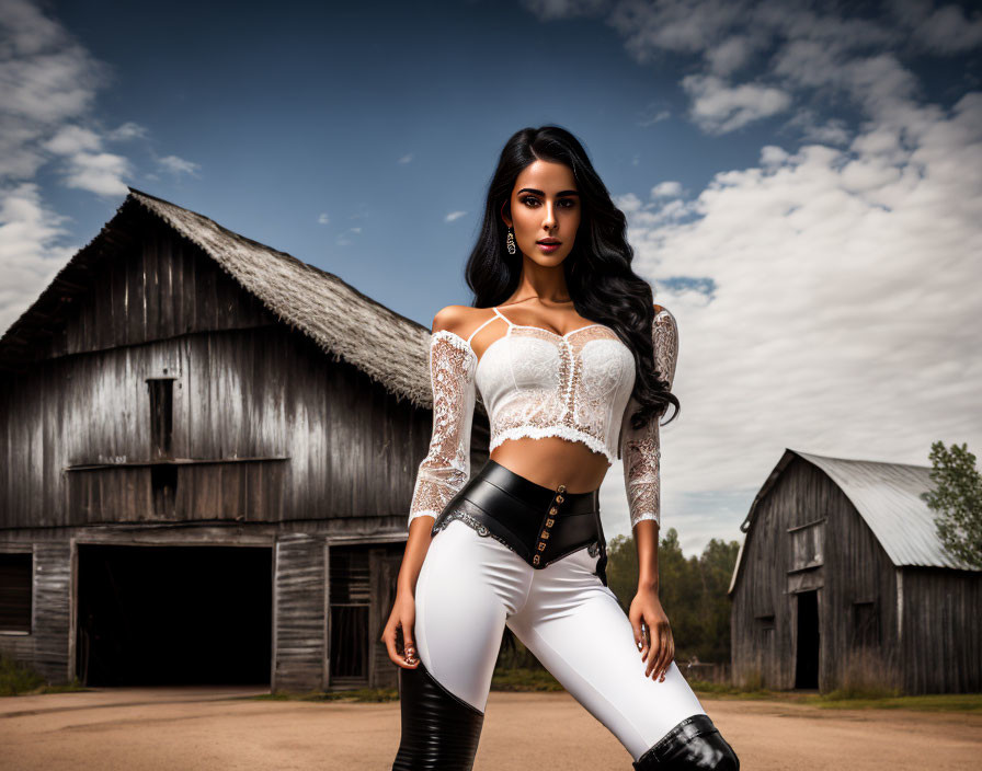 Stylish woman in white crop top and pants with lace sleeves and corset belt poses against rustic