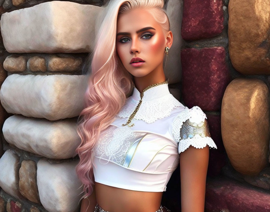 Portrait of Woman with Pink Hair and Bold Makeup in White Lace Top