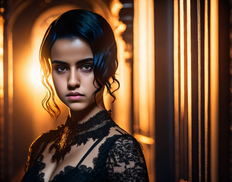 Dark-haired woman in black lace dress under golden light in dim hallway