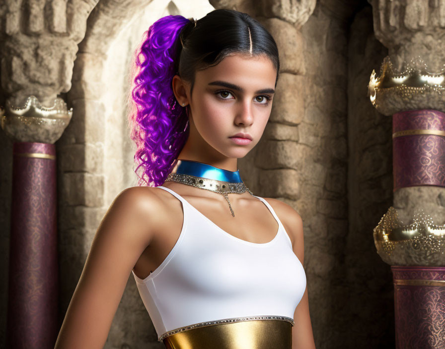 Young woman with purple curly hair in white top and chokers against stone wall.