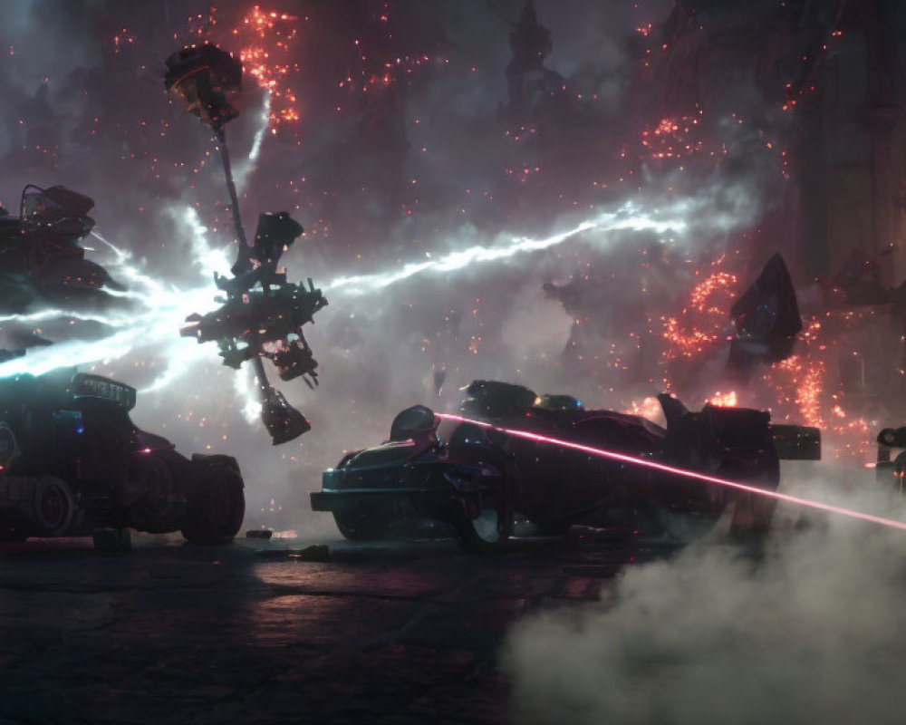 Sci-fi battle scene: vehicles in mid-air, energy beams, alien city backdrop