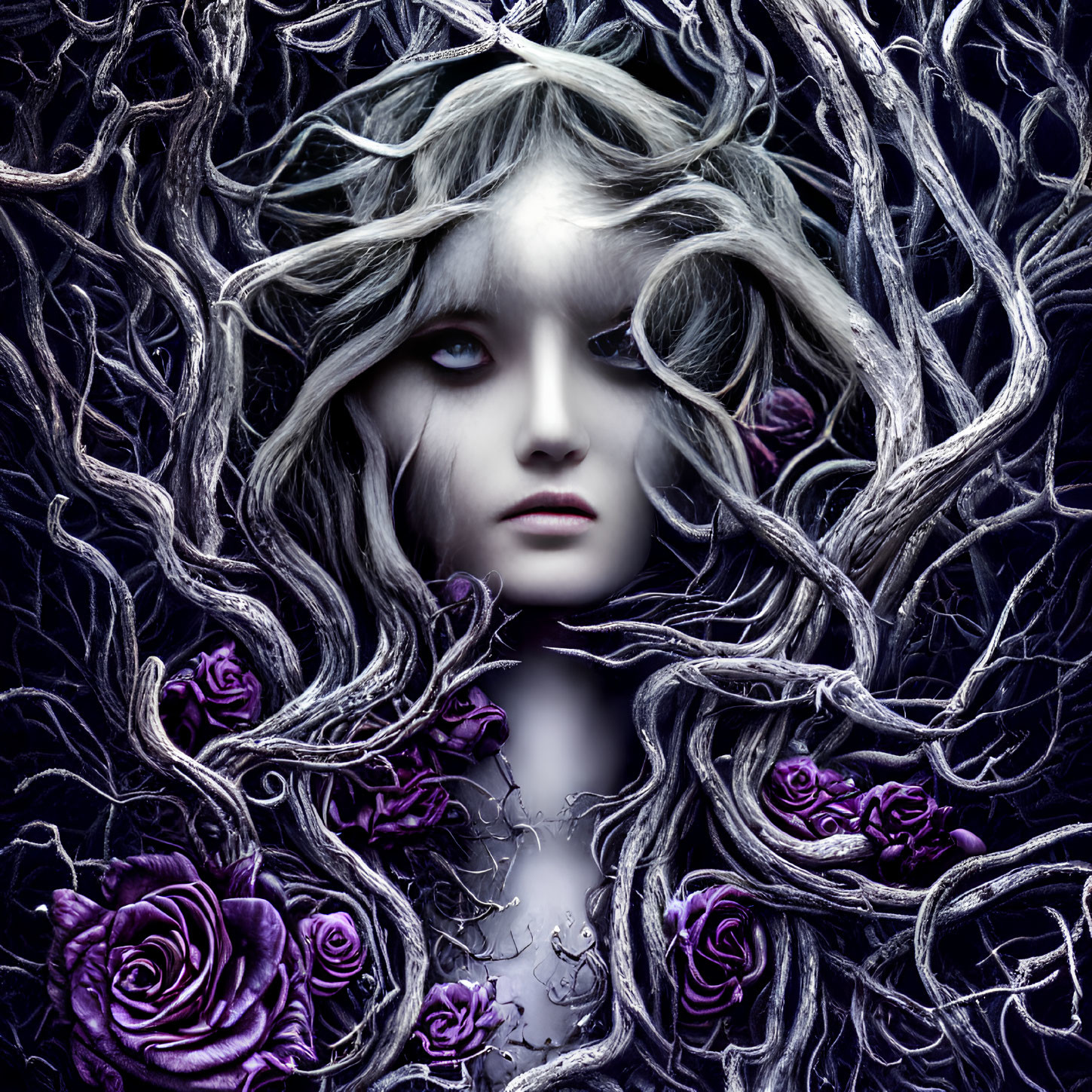 Pale Face with Piercing Eyes Surrounded by Dark Branches and Purple Roses