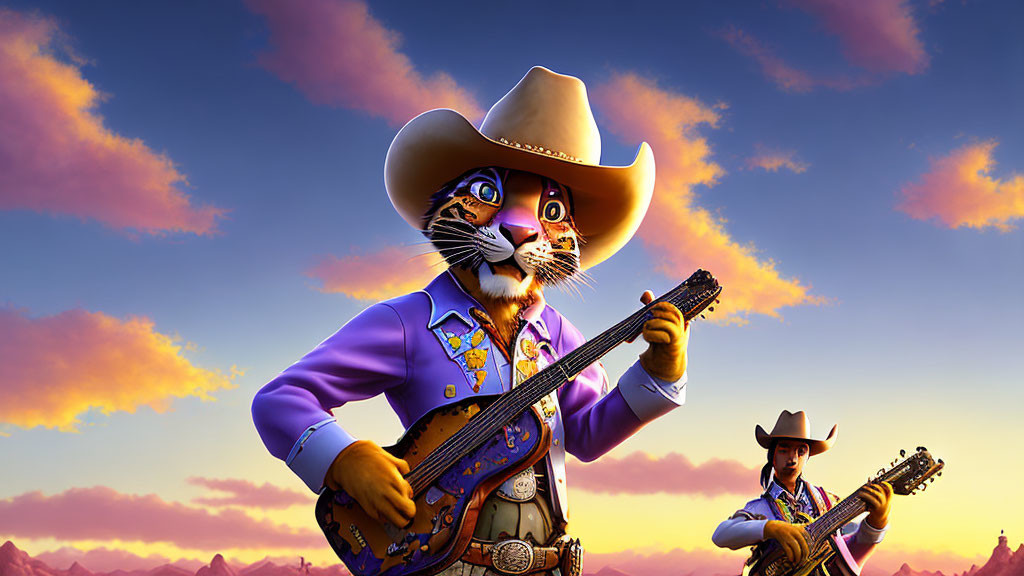 Cowboy cat playing guitar at sunset with background character