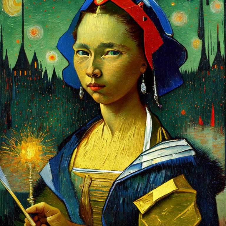 Girl in Blue Headdress Blending "Girl with a Pearl Earring" and "Starry Night