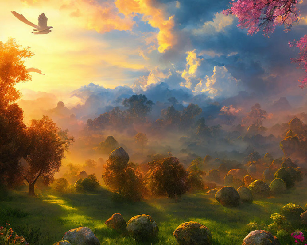 Colorful sunset landscape with clouds, flying bird, rocks, pink trees, and sunbeams