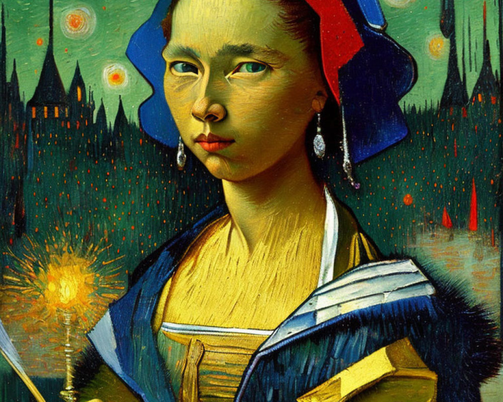 Girl in Blue Headdress Blending "Girl with a Pearl Earring" and "Starry Night