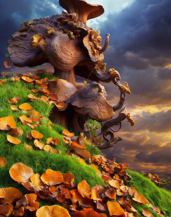 Large gnarled tree with vibrant orange mushrooms on lush green hill under dramatic sunset sky