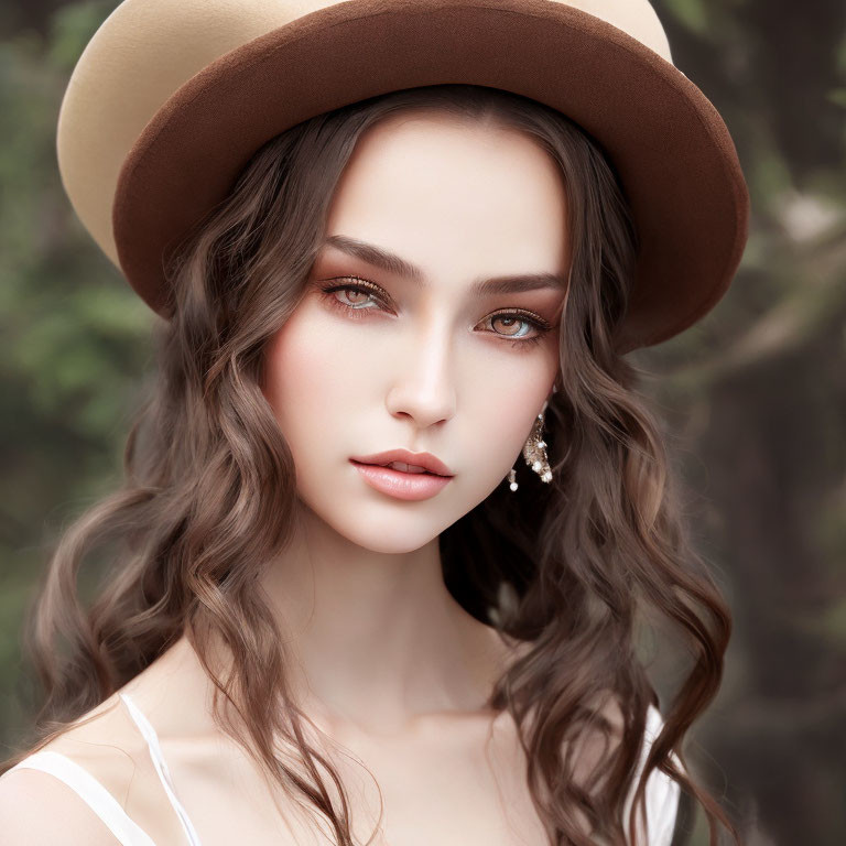 Portrait of Woman with Wavy Hair, Brown Hat, Eye Shadow, and Earrings