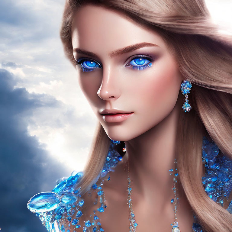 Digital artwork: Woman with blue eyes, blonde hair, gemstone jewelry