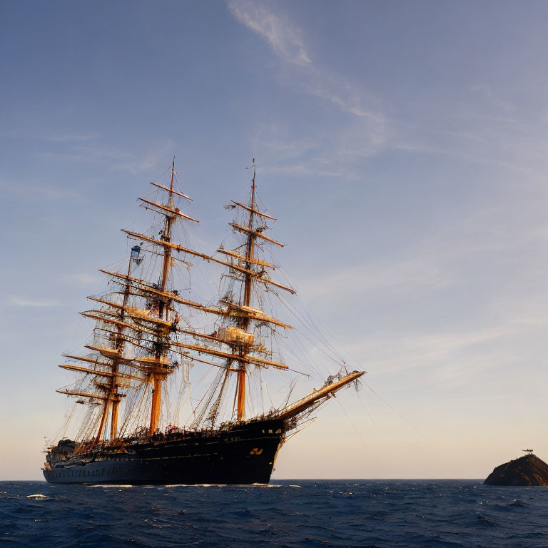 Traditional sailing ship with multiple masts and rigging on open sea at sunset