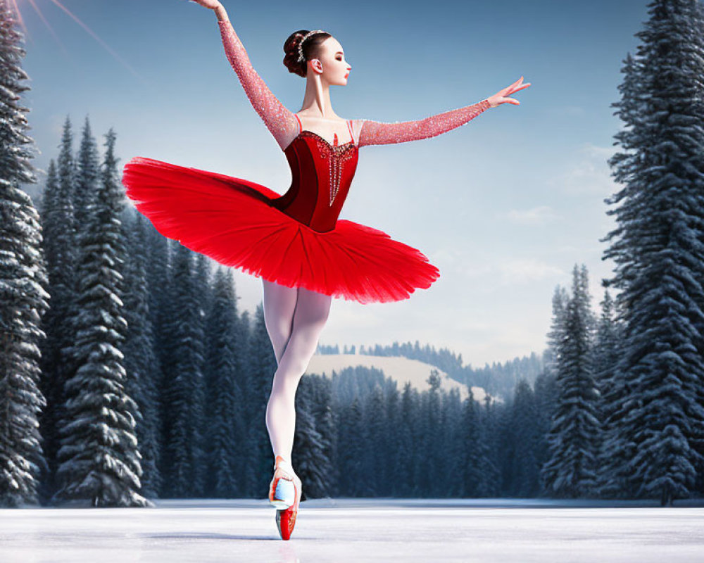 Ballerina in Red Tutu Dancing on Frozen Lake in Snowy Landscape