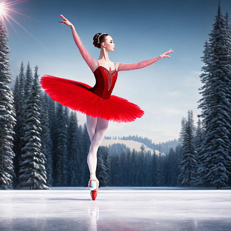 Ballerina in Red Tutu Dancing on Frozen Lake in Snowy Landscape