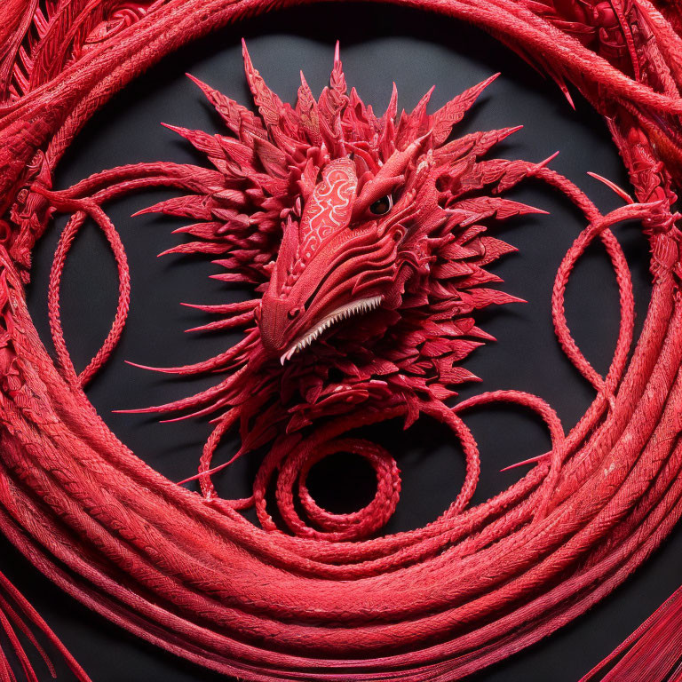 Detailed Red Dragon Sculpture Surrounded by Swirling Textures