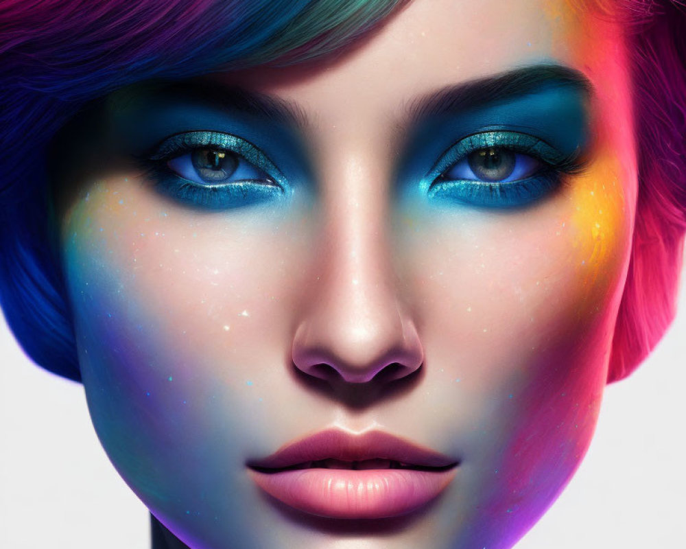 Vibrant rainbow-colored makeup on person with blue eyes & multicolored hair