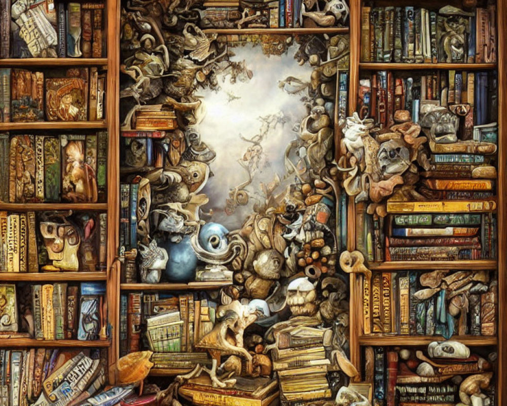 Detailed illustration of mystical bookshelf with books and creatures