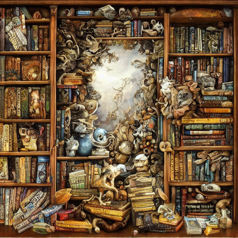 Detailed illustration of mystical bookshelf with books and creatures