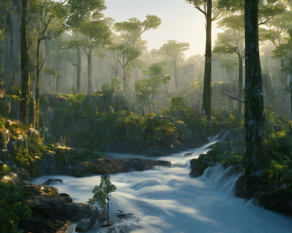 Forest scene: Sunlit trees, misty ambiance, flowing river, mossy rocks.