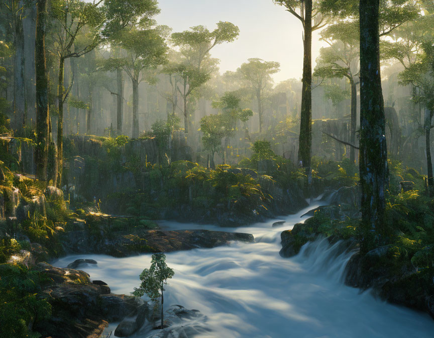 Forest scene: Sunlit trees, misty ambiance, flowing river, mossy rocks.