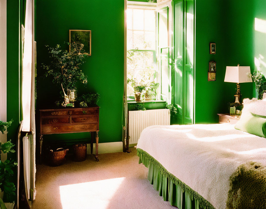 Bright Sunlit Bedroom with Green Walls, Window, Plants, and Wooden Dresser